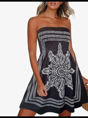 Women's Strapless Navy Blue Printed Summer Dress